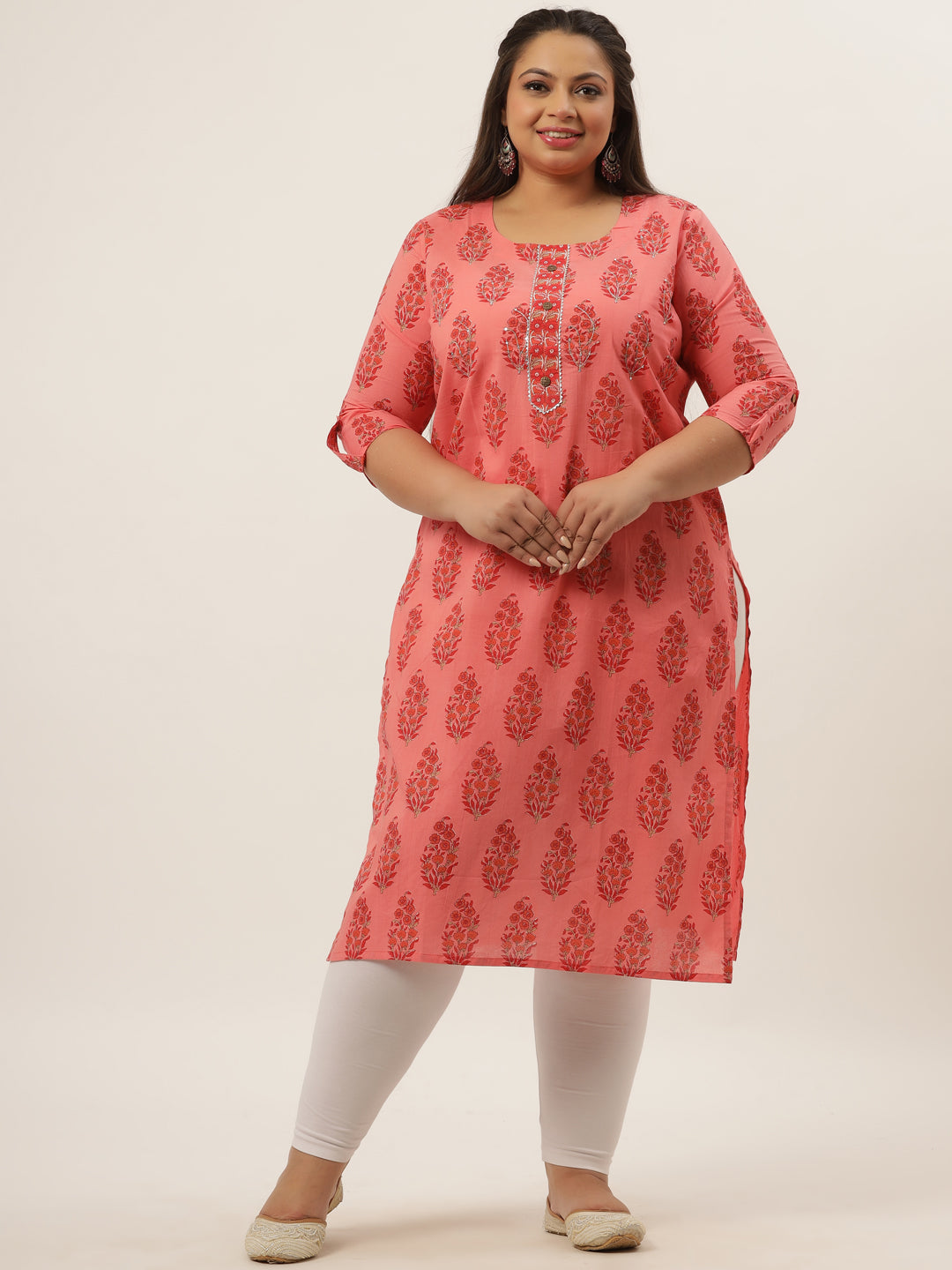 Women's Peach Floral Print Straight Kurta - Yufta