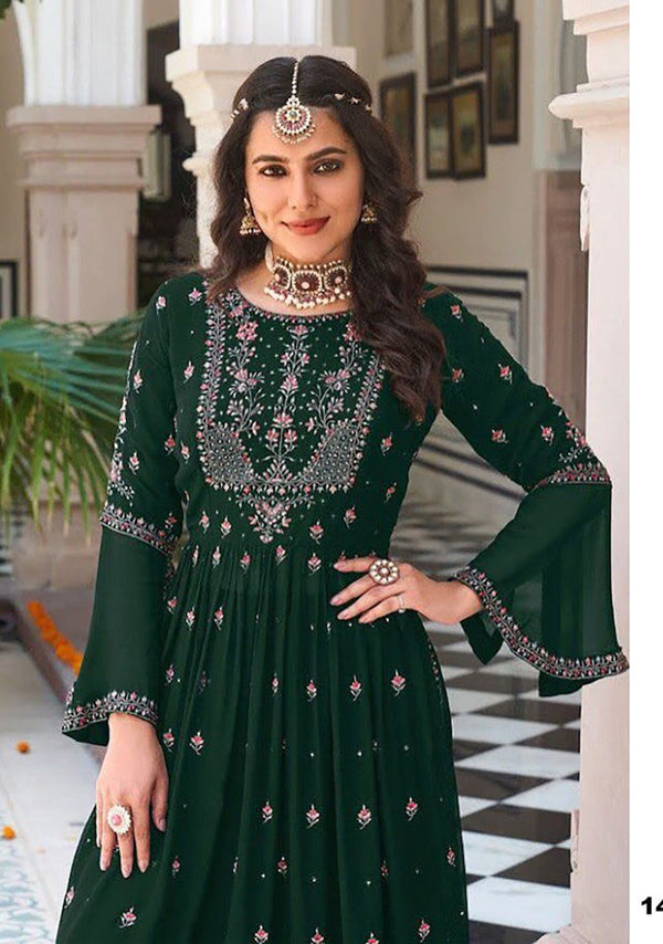 Women's Green Georgette Embroidered Anarkali Salwar Kameez   - Monjolika