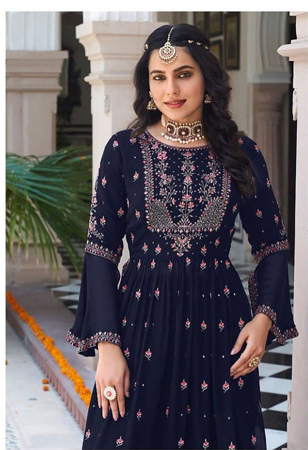 Women's Navy blue Georgette Embroidered Anarkali Salwar Kameez   - Monjolika