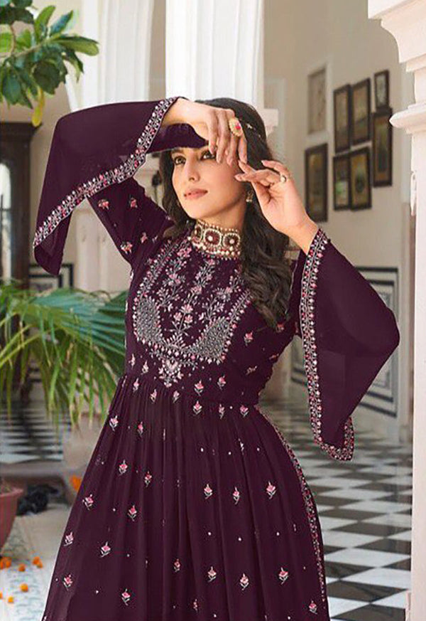 Women's Purple Georgette Embroidered Anarkali Salwar Kameez   - Monjolika