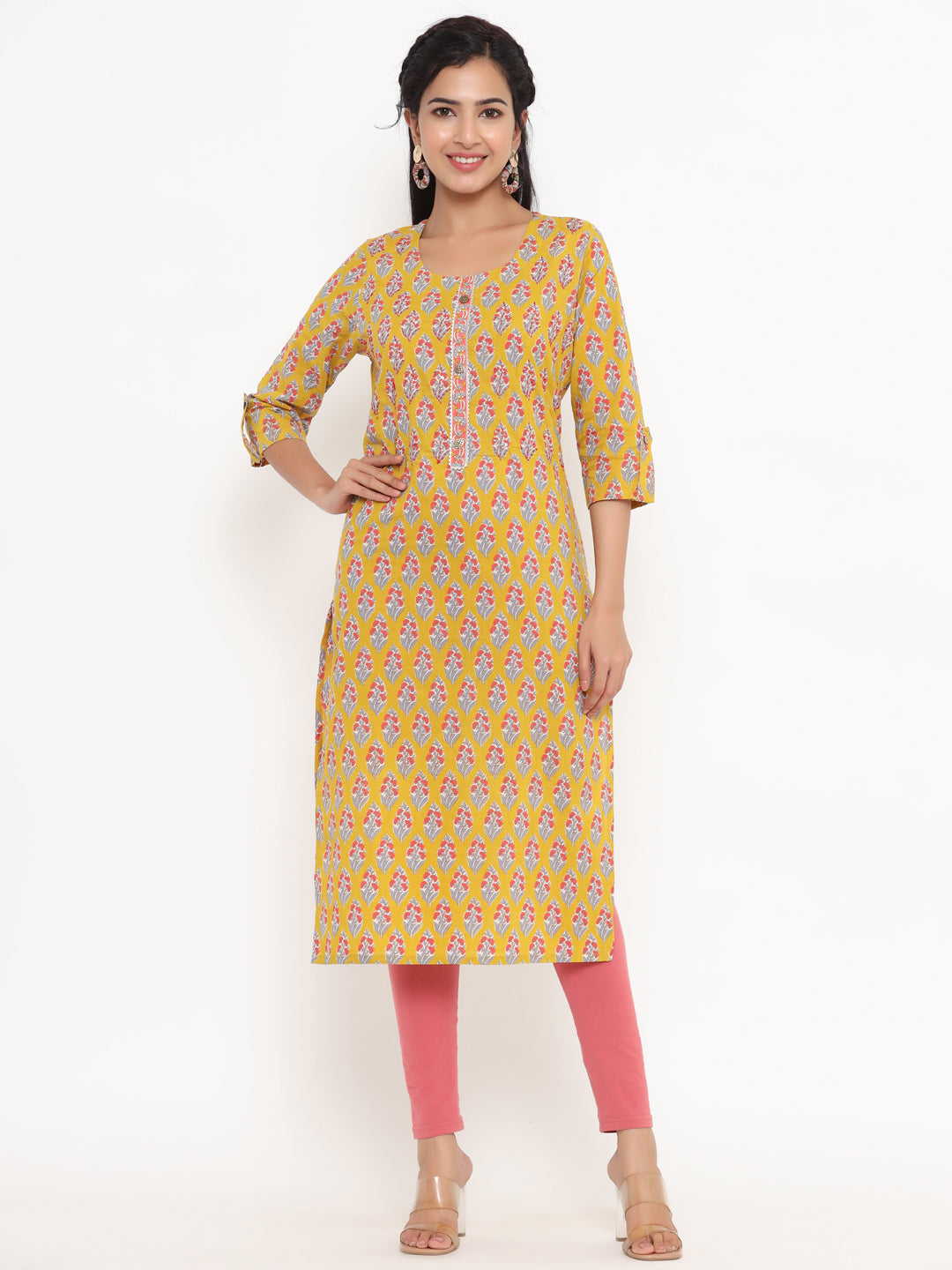 Women's Mustard Yellow Printed Straight Kurta - Yufta