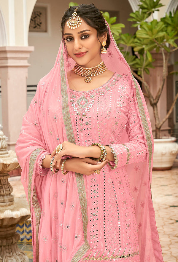 Women's Light Pink color Embroidered Georgette Palazzo Salwar Kameez - Monjolika