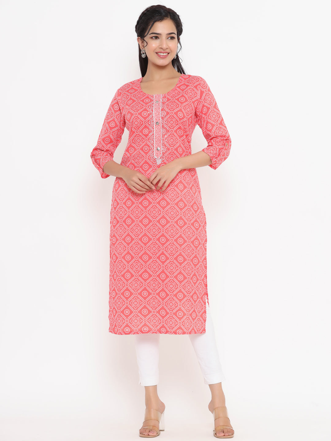 Women's Peach Printed Straight Kurta - Yufta