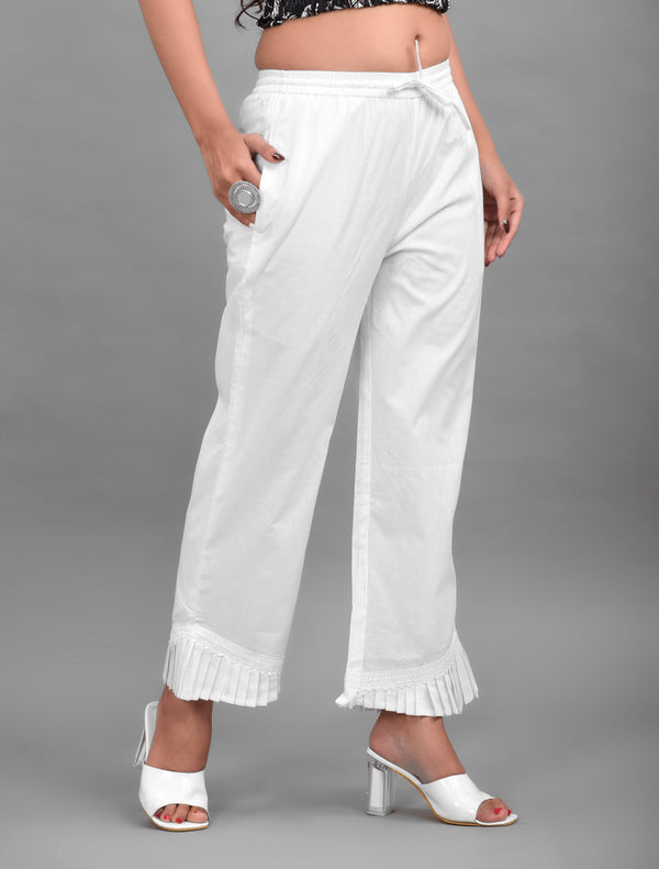 Women's White Cotton Pleated Palazzo - Hatheli