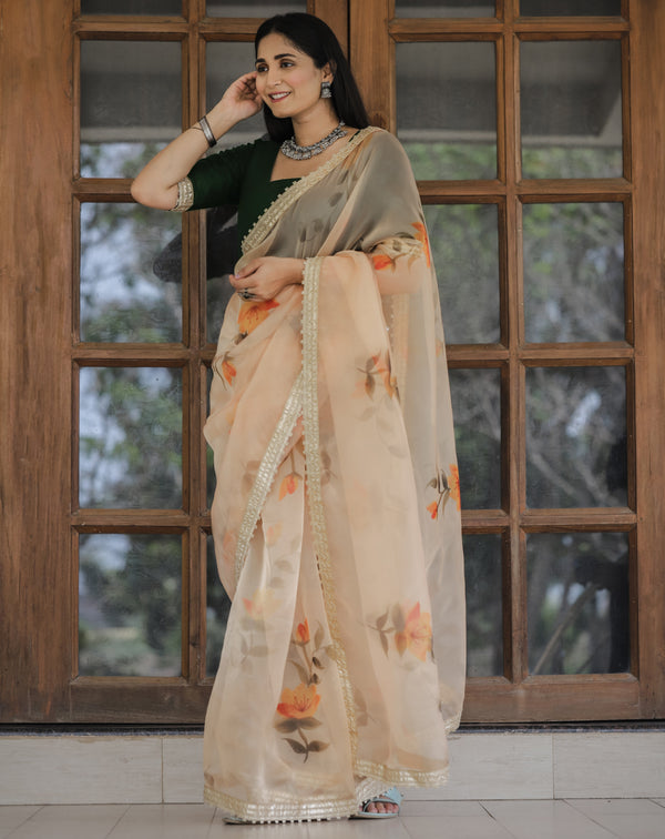 Women's Yellow Organza Digital Print & Lace Saree - Shubhkala