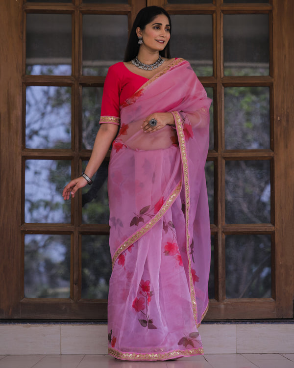 Women's Pink Organza Digital Print & Lace Saree - Shubhkala