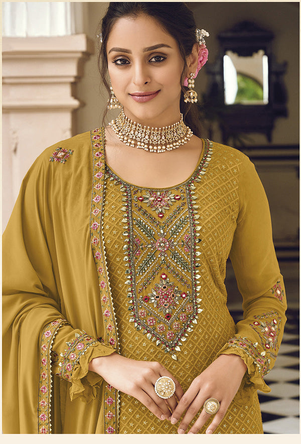 Women's Mustard color Georgette Embroidered Stright Suit - Monjolika