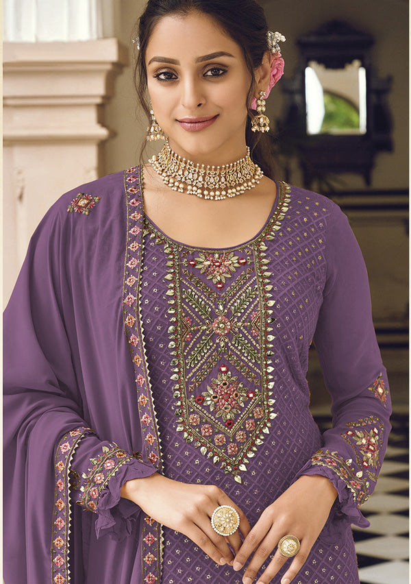 Women's Lavender color Georgette Embroidered Stright Suit - Monjolika