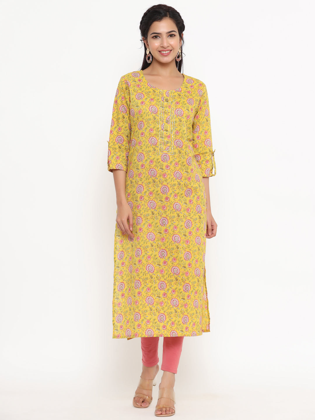 Women's Yellow Floral Print Straight Kurta - Yufta