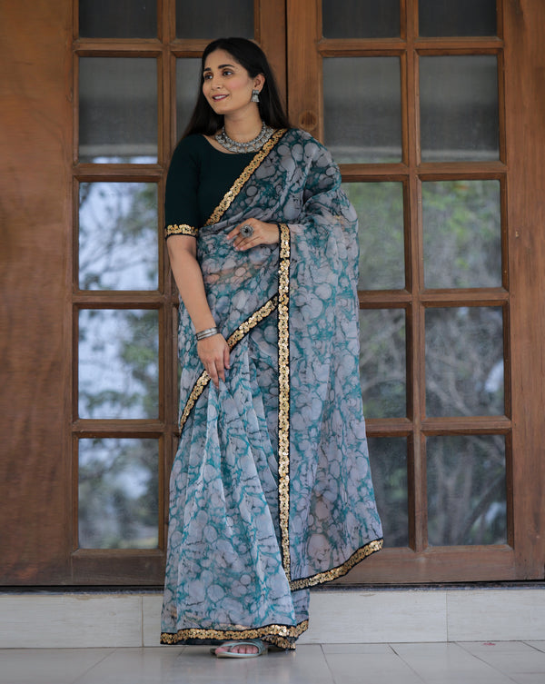 Women's Off White and Grey Organza Digital Print & Lace Saree - Shubhkala