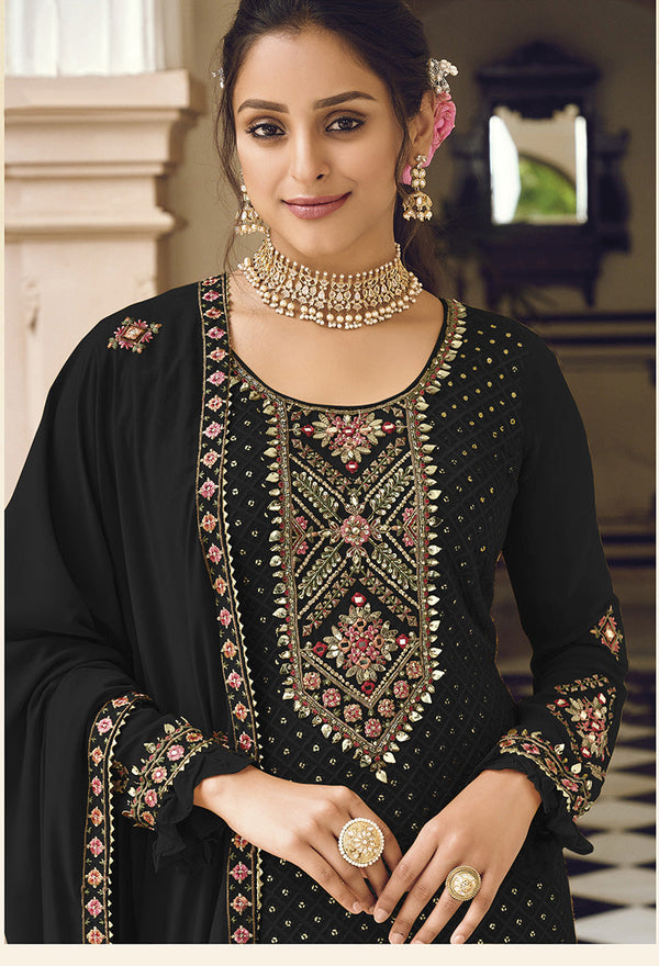 Women's Black color Georgette Embroidered Stright Suit - Monjolika