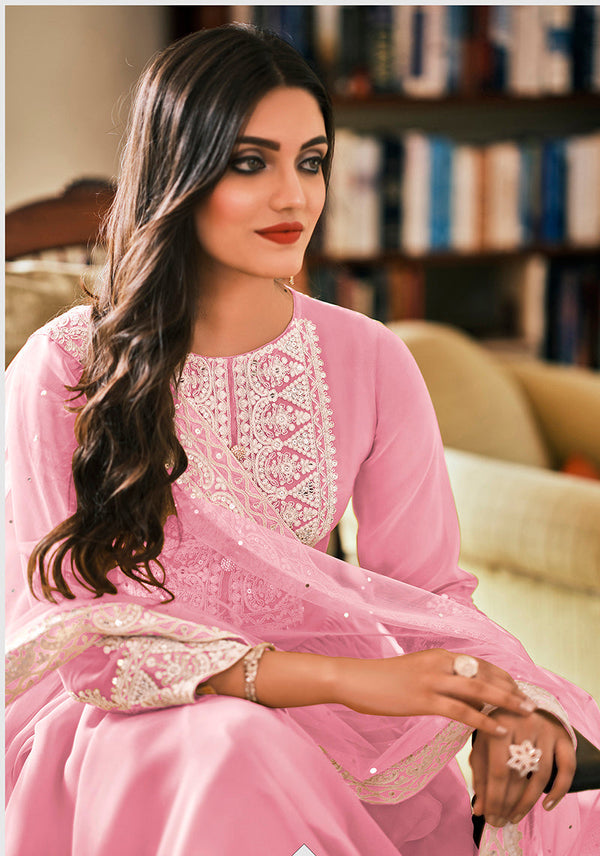 Women's Light Pink Color Georgette Embroidered Party Salwar Suit - Monjolika