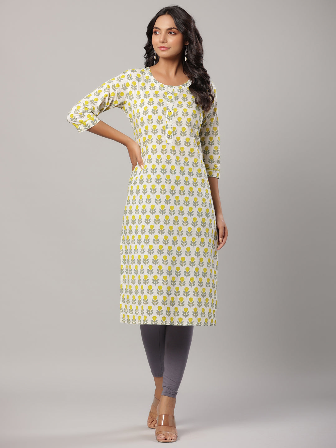 Women's White Floral Print Straight Kurta - Yufta