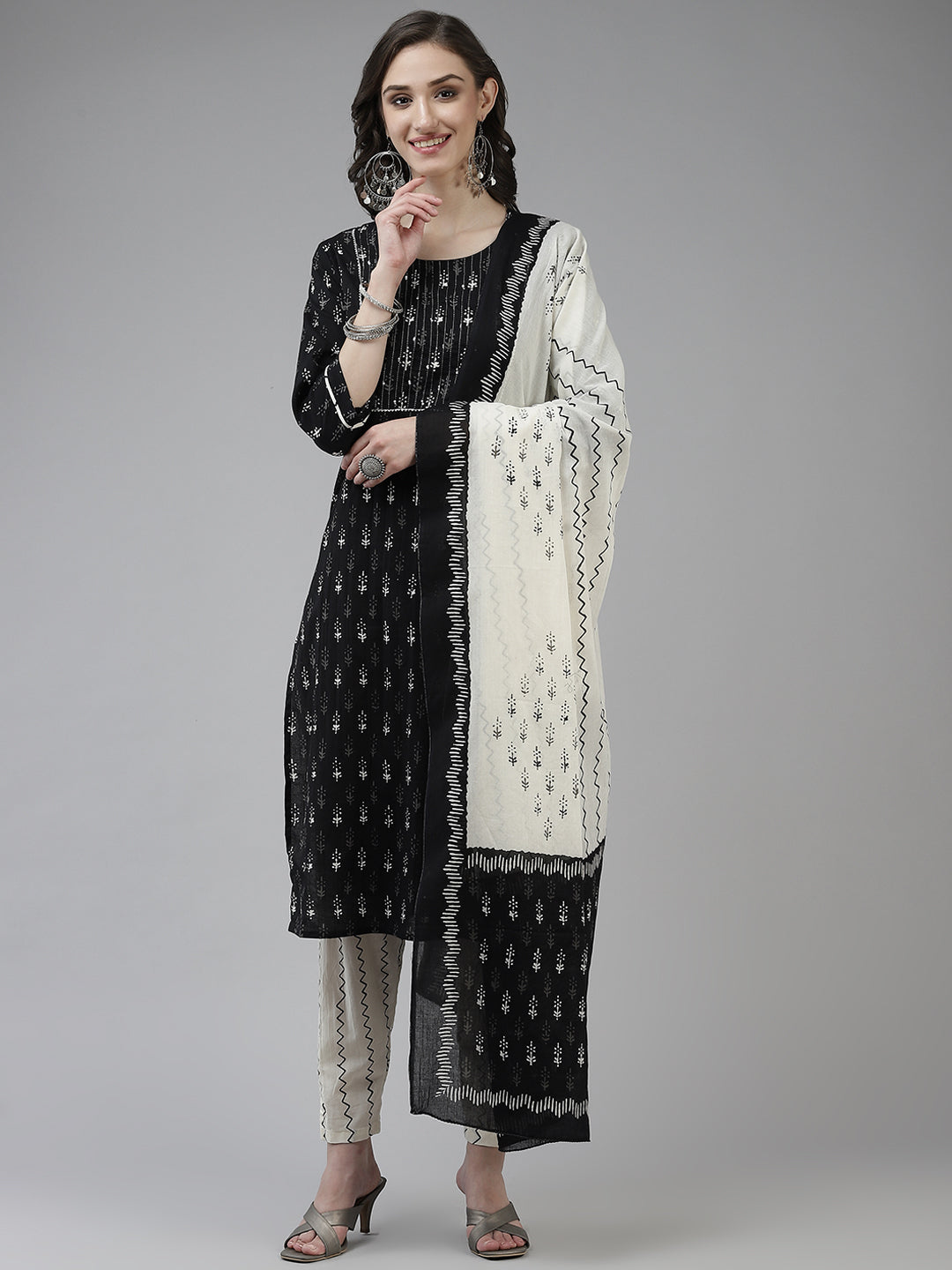 Women's Black And Off White Cotton Printed Kurta With Trouser & Dupatta - Yufta