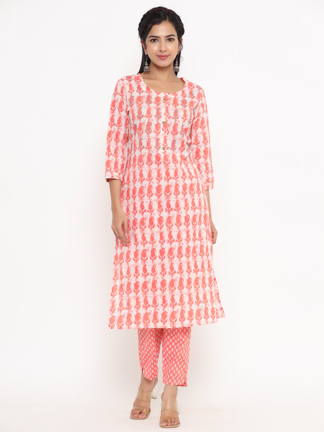 Women's Peach Paisley Print Kurta With Trousers - Yufta