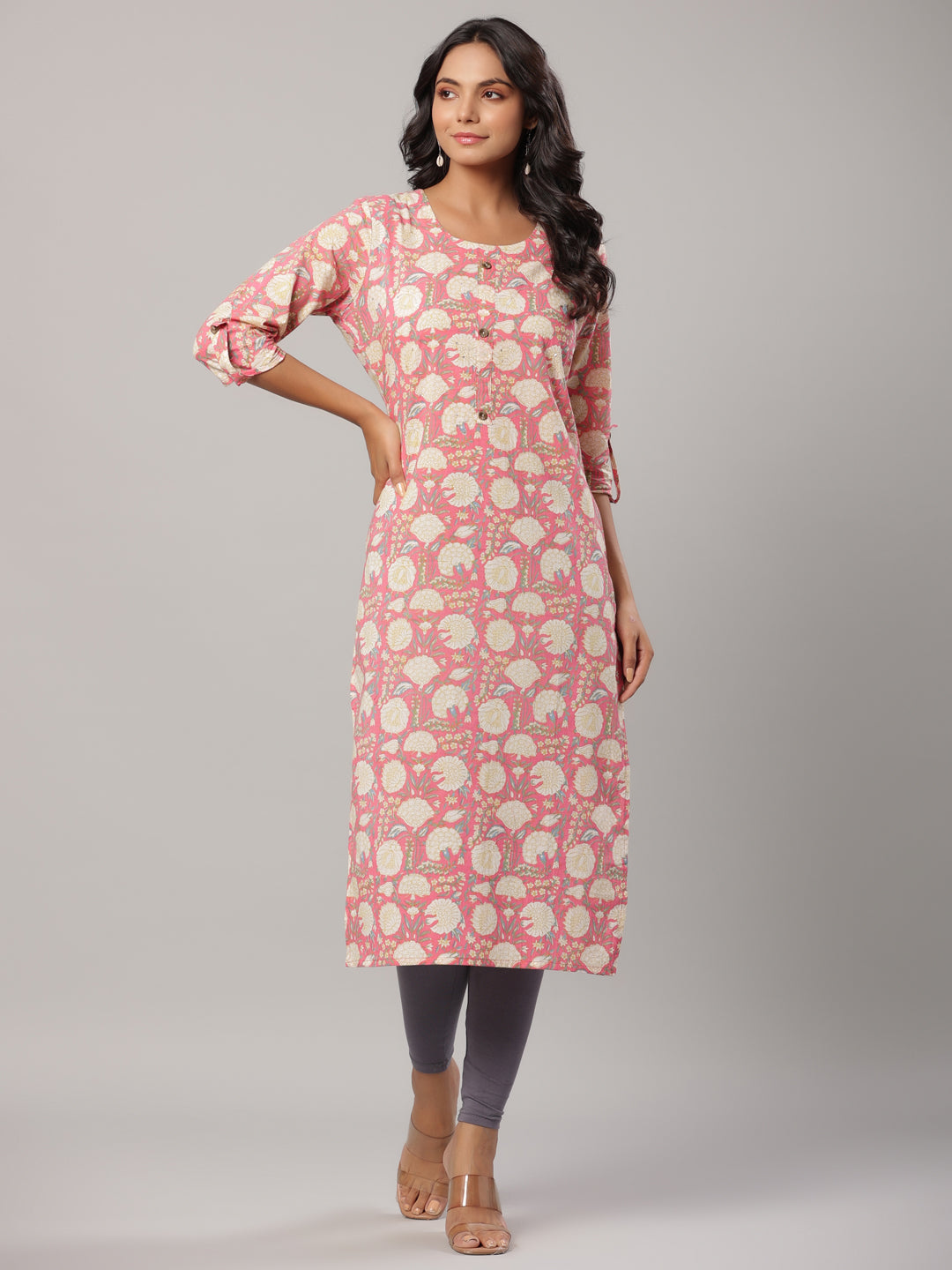 Women's Pink Floral Print Straight Kurta - Yufta