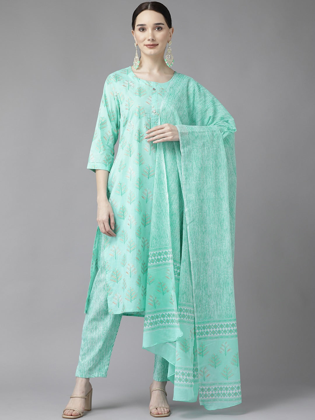 Women's Sky Blue Ethnic Motifs Cotton Kurta With Pant & Dupatta - Yufta