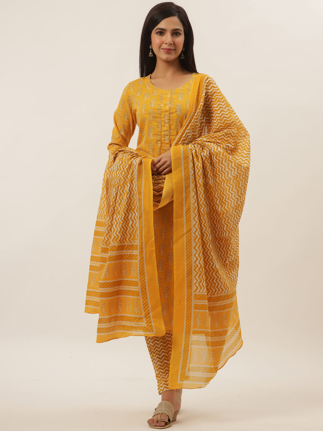 Women's Mustard Sequinned Kurta With Trousers & With Dupatta - Yufta