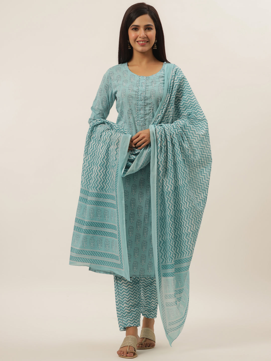 Women's Sky Blue Sequinned Kurta With Trousers & With Dupatta - Yufta