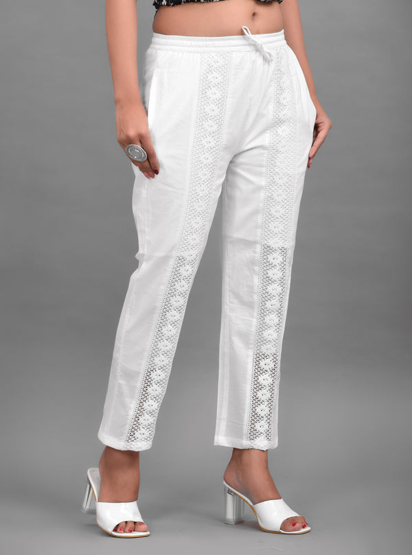 Women's White Cotton Lace Palazzo - Hatheli