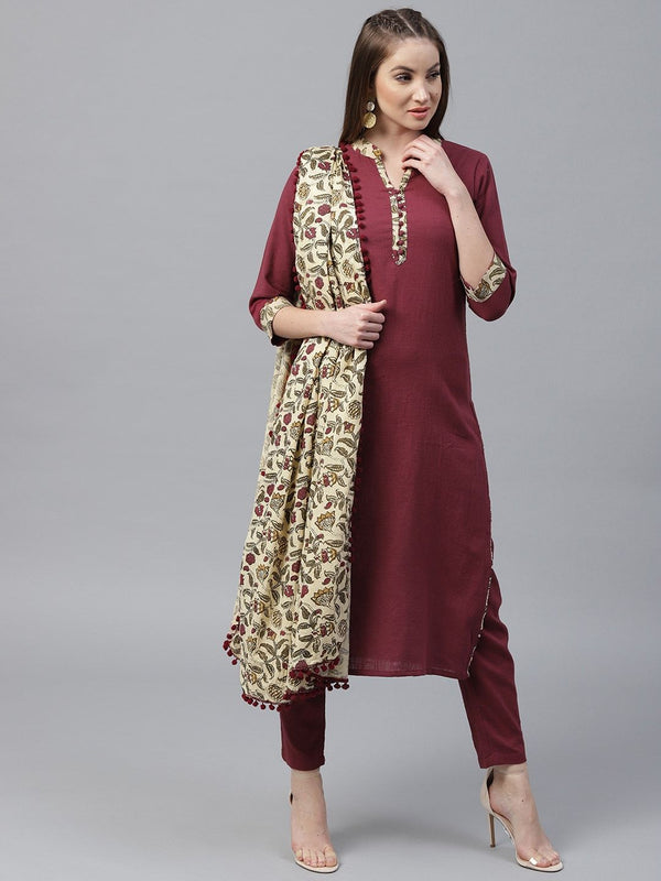 Women's  Maroon Solid Kurta with Trousers & Dupatta - AKS