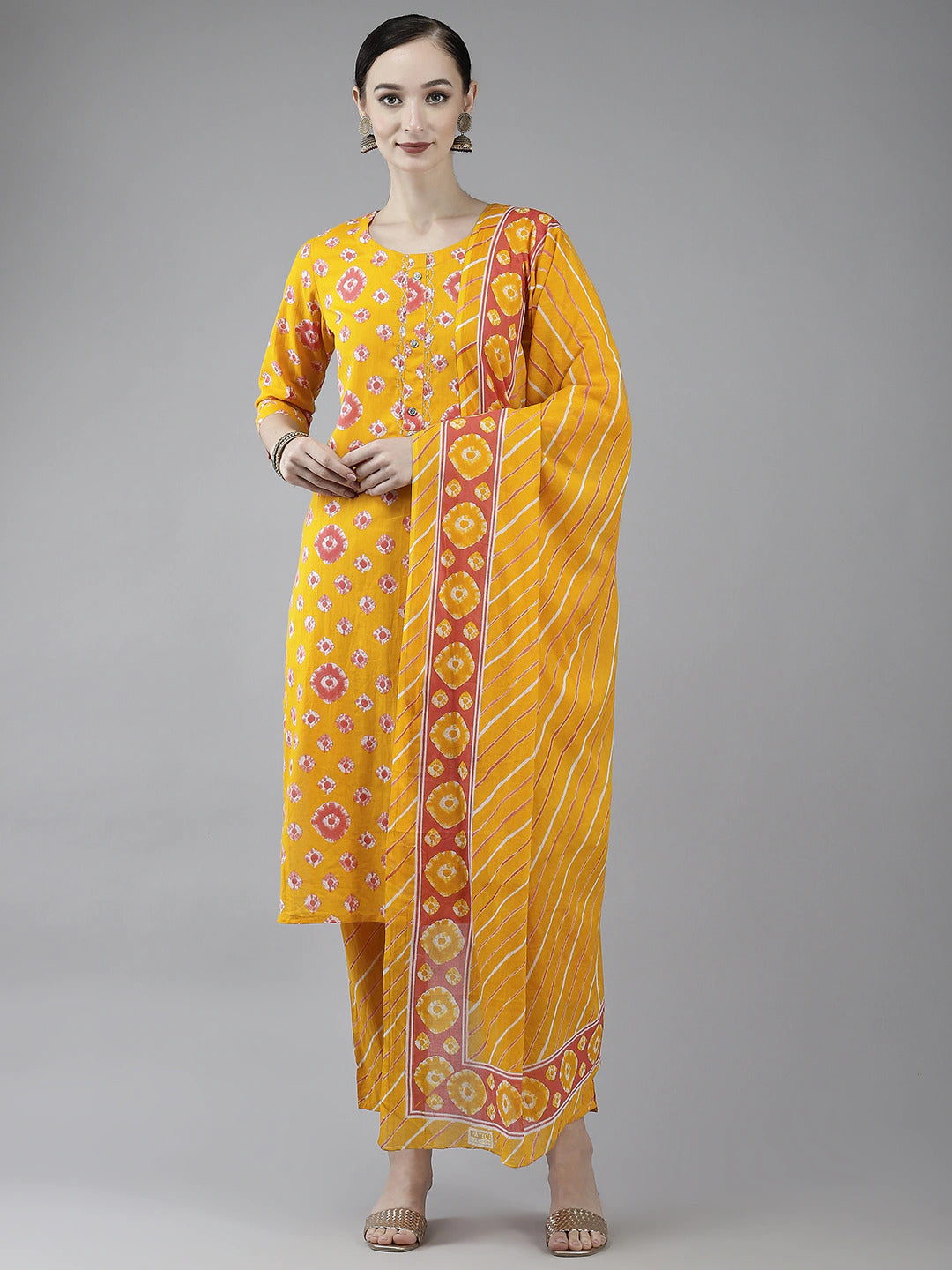 Women's Mustard Tie Dye Print Sequin On Yoke Kurta With Trousers & Dupatta - Yufta