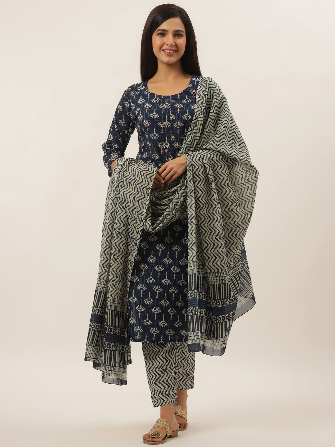 Women's Blue Hand Work Kurta With Trousers & With Dupatta - Yufta