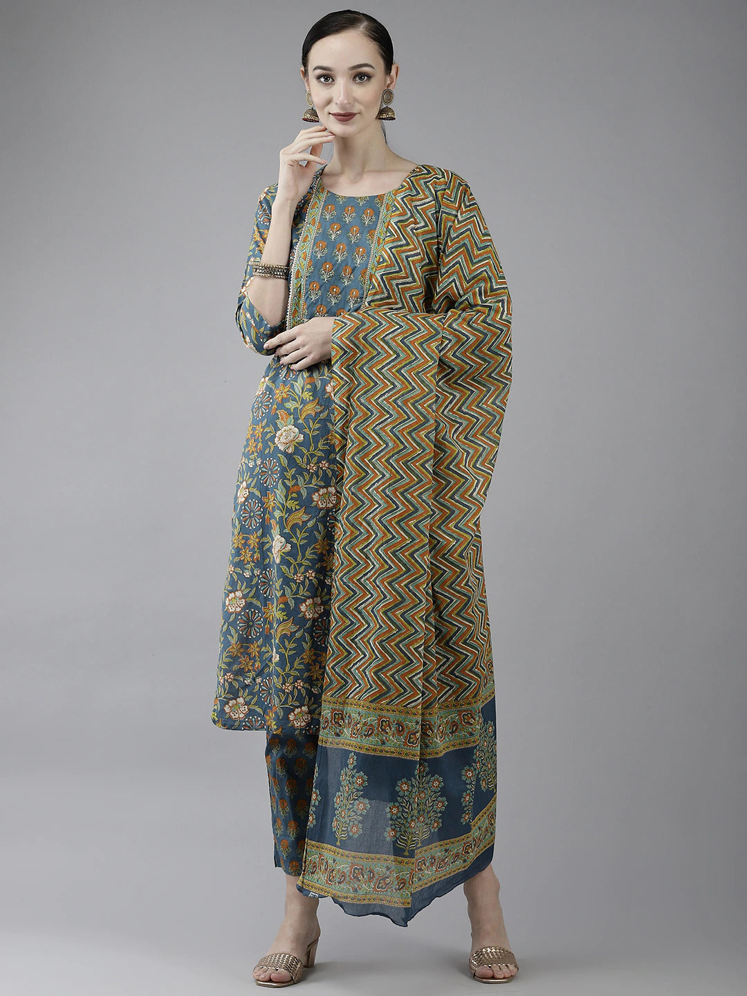 Women's Blue Floral Print Bijia Lace Kurta With Trousers & Dupatta - Yufta