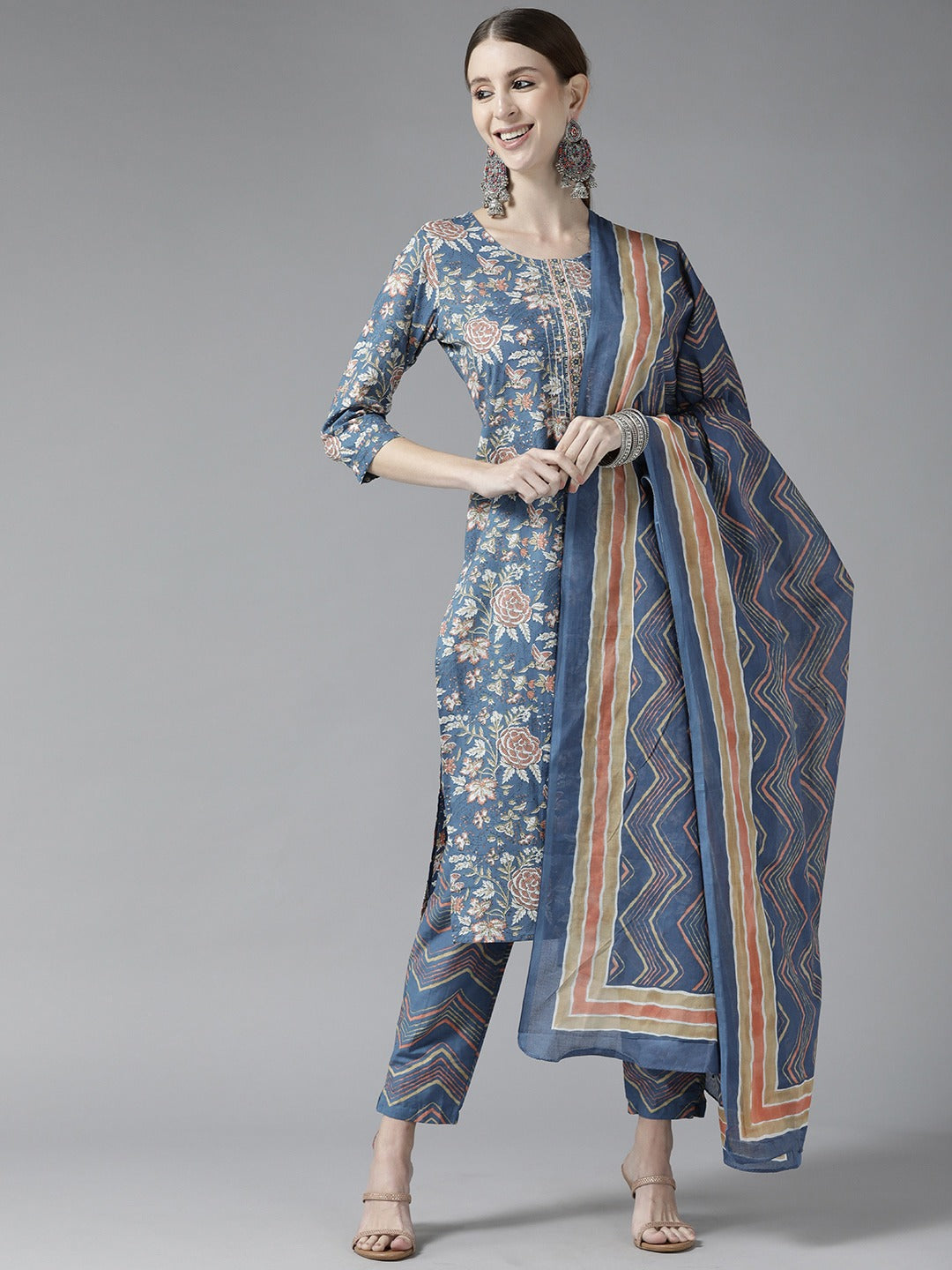 Women's Blue Floral Print Zari Cotton Kurta With Pant & Dupatta - Yufta