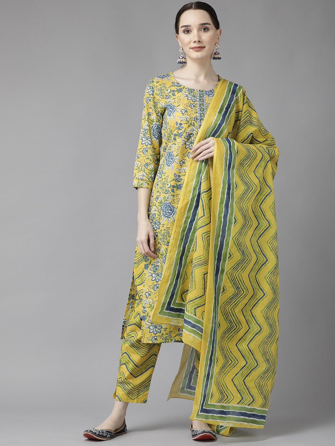 Women's Yellow Floral Print Zari Cotton Kurta With Pant & Dupatta - Yufta