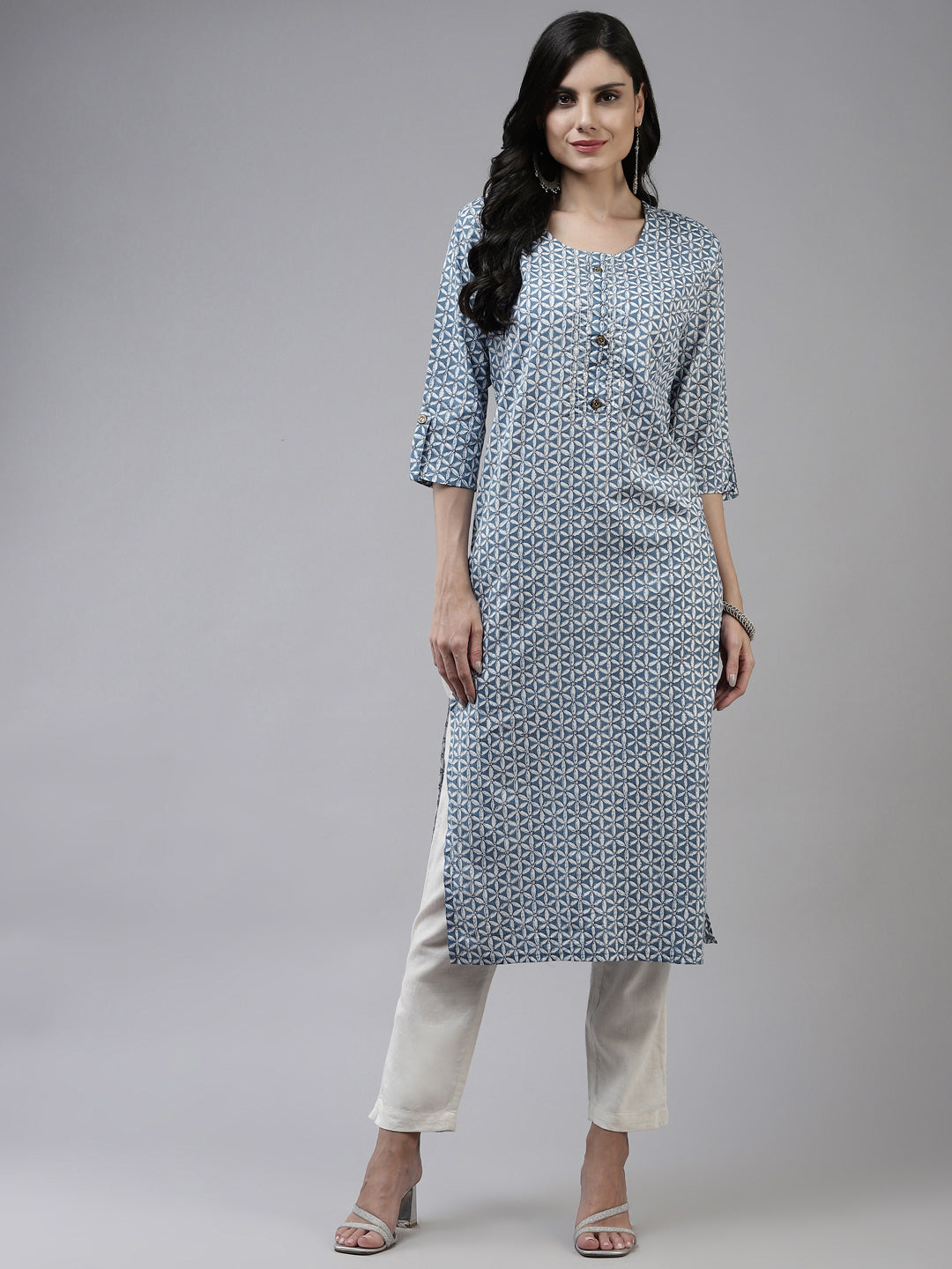 Women's Blue Floral Print Zari Hand Work Cotton Straight Kurta - Yufta