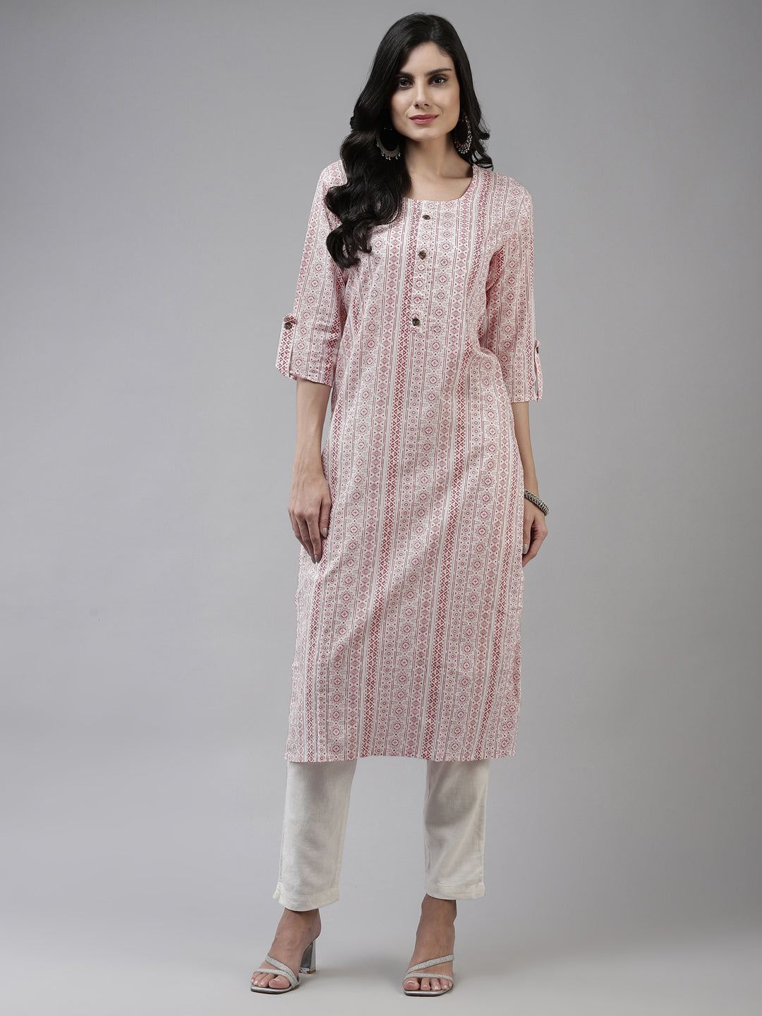 Women's Peach And White Ethnic Motifs Zari Hand Work Cotton Straight Kurta - Yufta