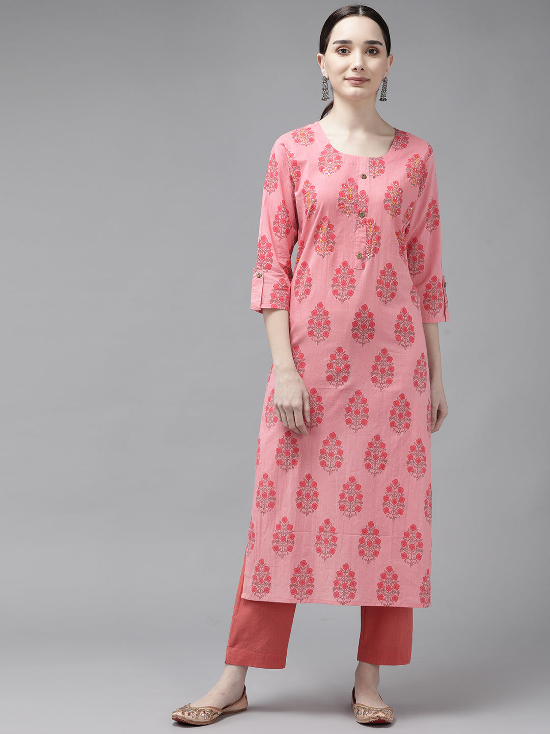 Women's Pink Hand Work Button Palette Cotton Straight Kurta - Yufta