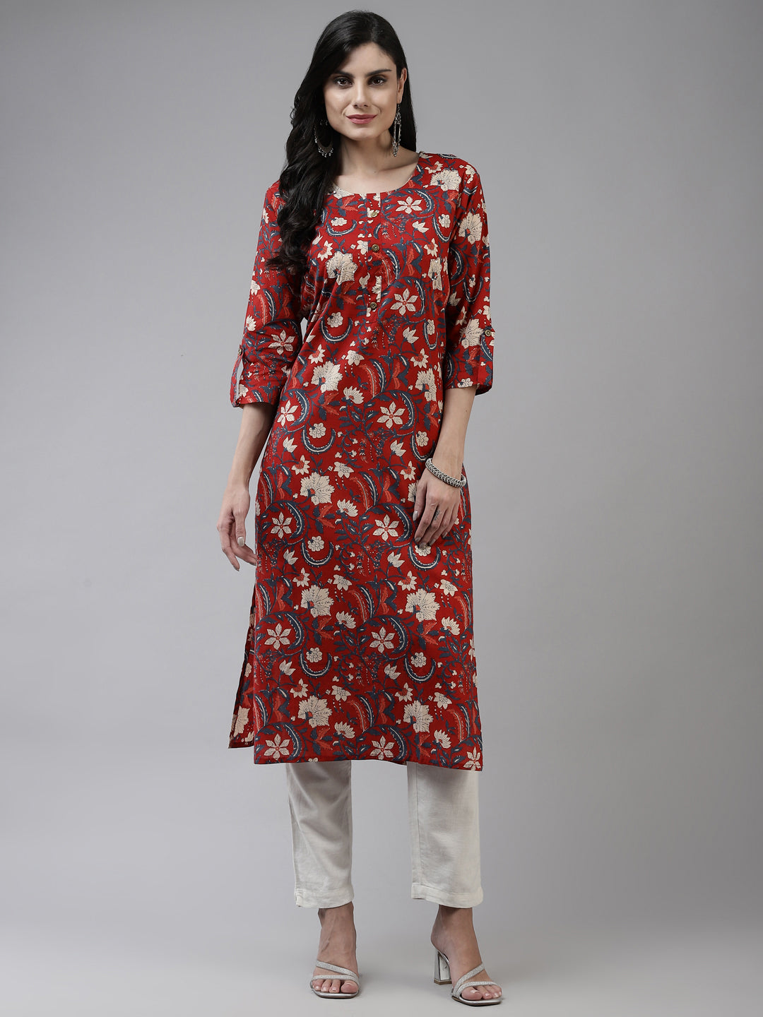 Women's Red Floral Print Straight Kurta - Yufta