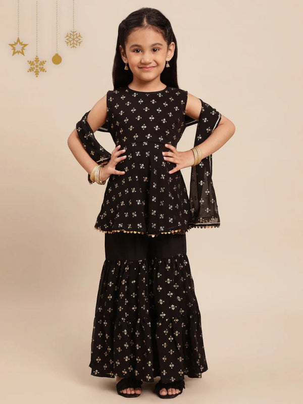 Black Georgette Gold Foil Print Girls Peplum style Sharara Set With Dupatta