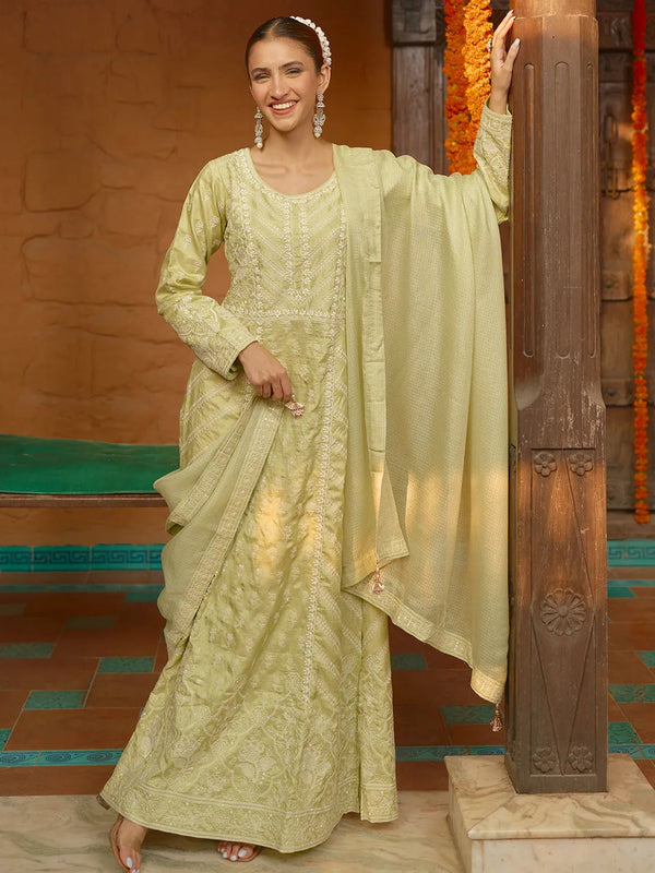 Jashvi Art Green Embroidered Silk A-Line Kurta With Trousers & Dupatta