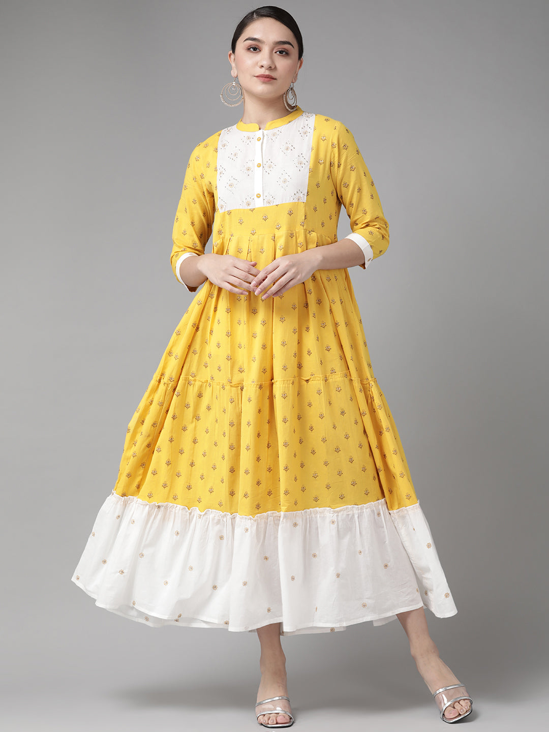 Women's Yellow And White Cotton Ethnic Motifs Tiered Maxi Dress - Yufta