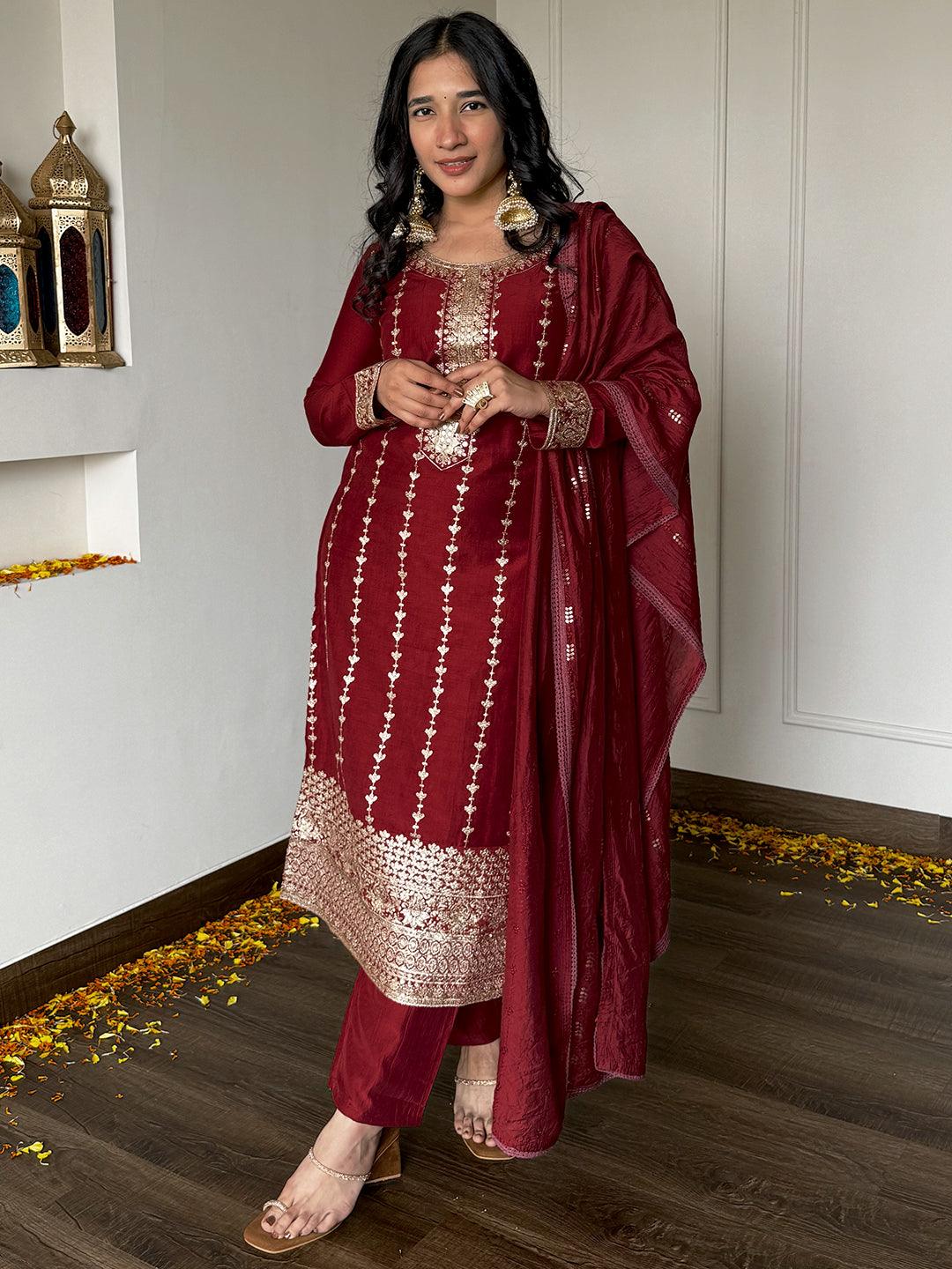 Maroon Embroidered Silk Straight Kurta With Trousers & Dupatta - Jashvi