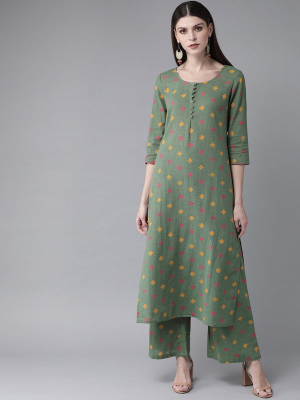 Women's  Green & Pink Printed Kurta with Palazzos - AKS