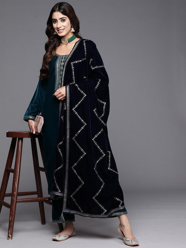 Teal Yoke Design Velvet Straight Suit With Dupatta