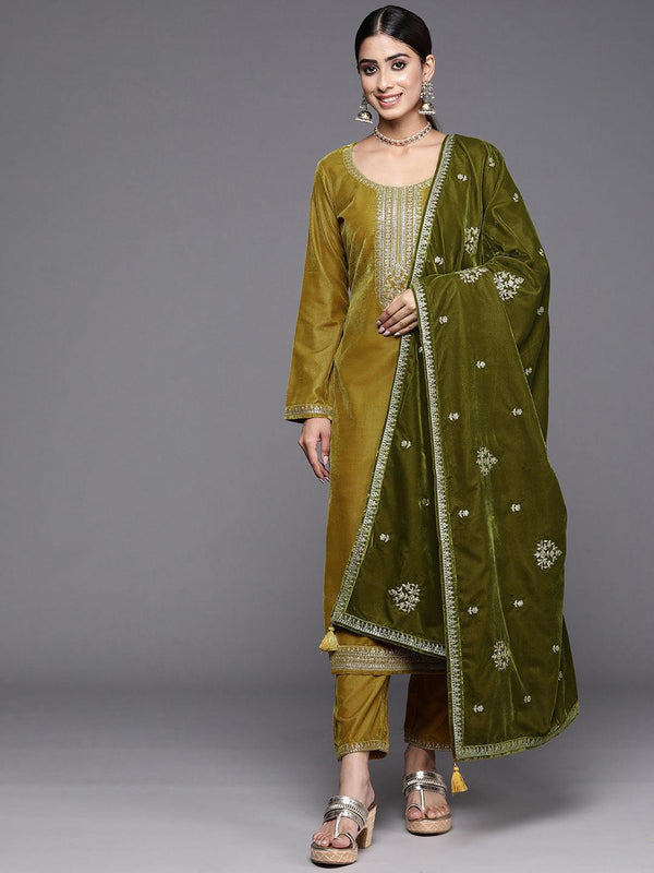 Mustard Yoke Design Velvet Straight Kurta With Trousers & Dupatta - Jashvi