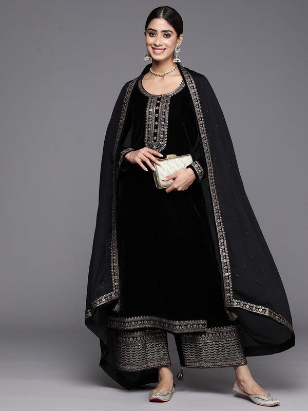 Black Yoke Design Velvet Straight Kurta With Palazzos & Dupatta - Jashvi