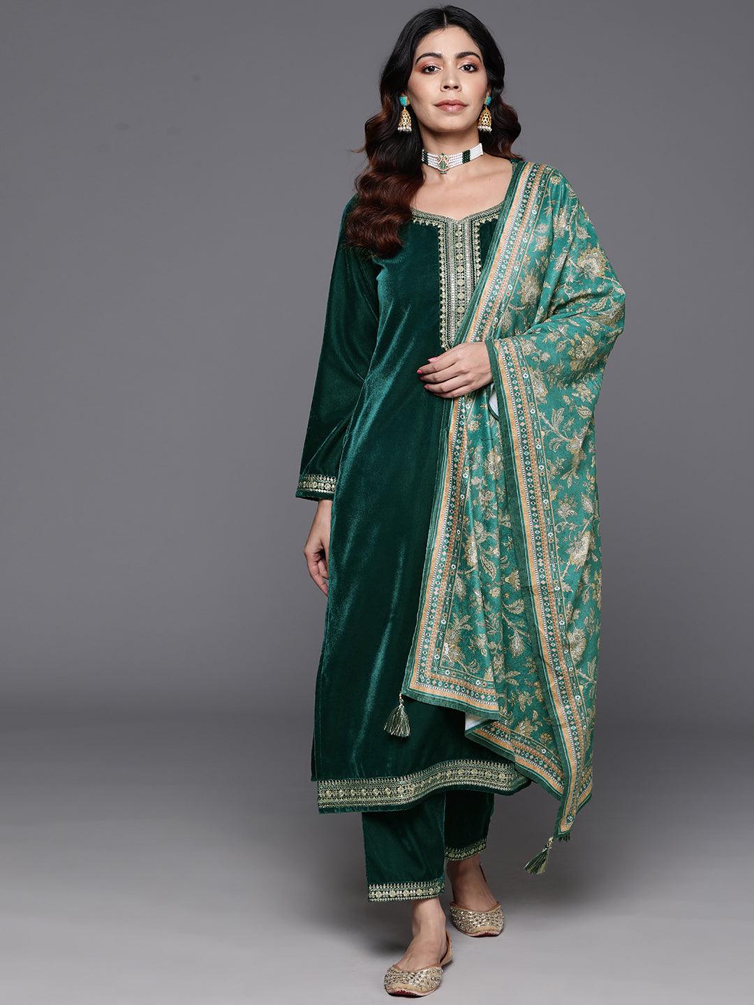 Green Yoke Design Velvet Straight Suit With Dupatta - Jashvi