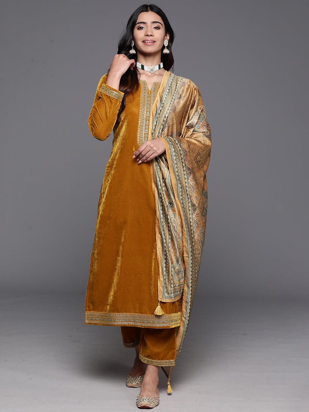 Mustard Yoke Design Velvet Straight Suit With Dupatta - Jashvi