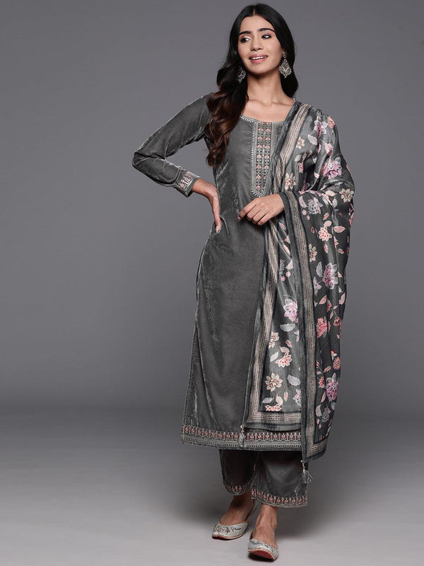 Grey Yoke Design Velvet Straight Suit With Dupatta - Jashvi