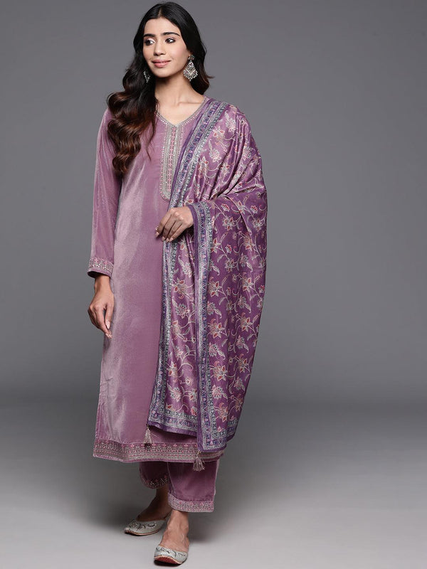 Mauve Yoke Design Velvet Straight Suit With Dupatta - Jashvi