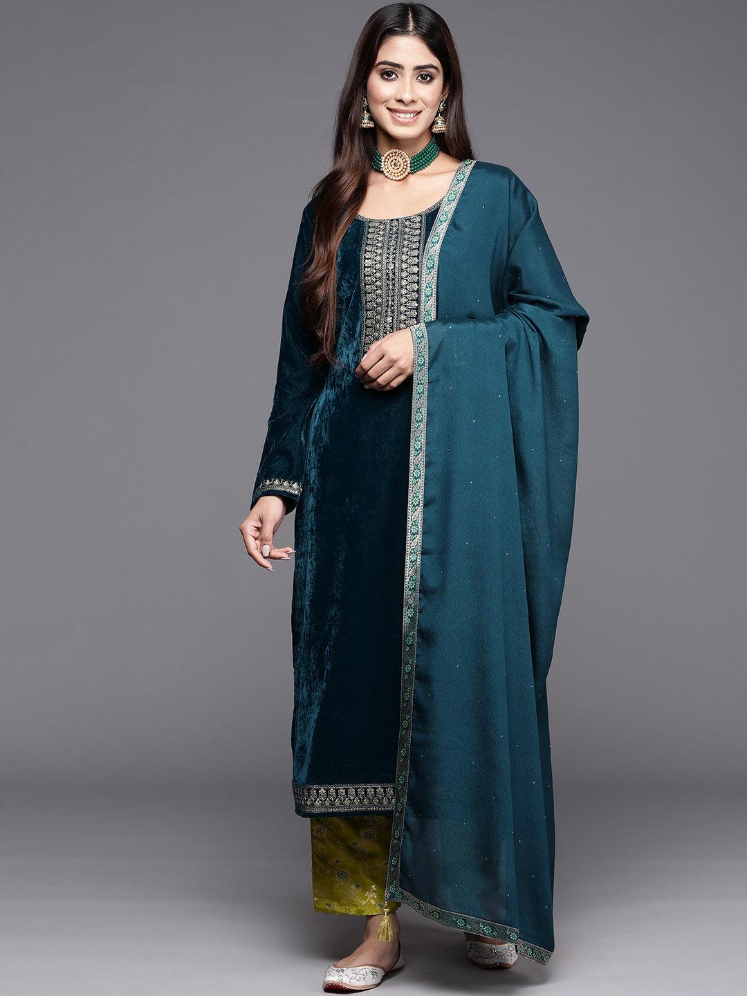 Rama Green Yoke Design Velvet Straight Kurta With Trousers & Dupatta - Jashvi