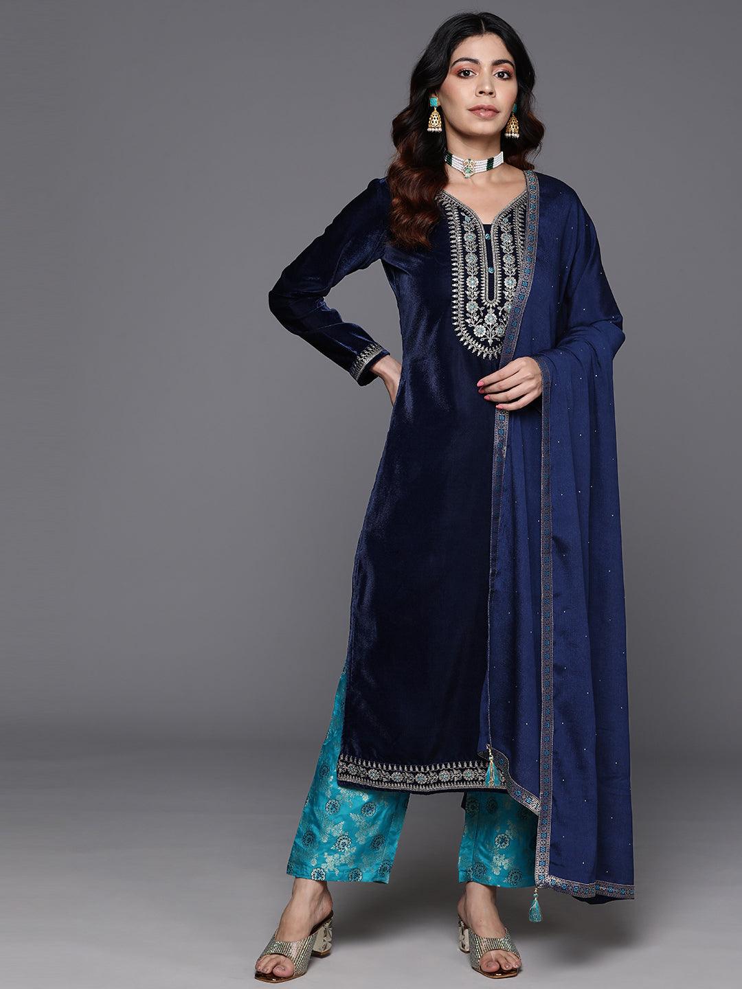 Navy Blue Yoke Design Velvet Straight Suit With Dupatta - Jashvi