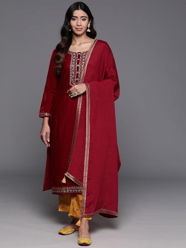 Maroon Yoke Design Velvet Straight Suit With Dupatta - Jashvi