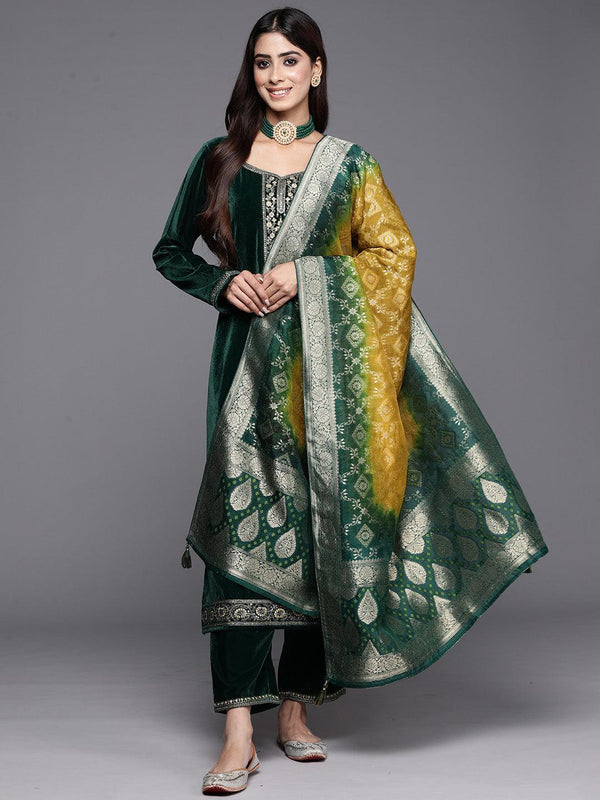 Bottle Green Yoke Design Velvet Straight Kurta With Trousers & Dupatta - Jashvi